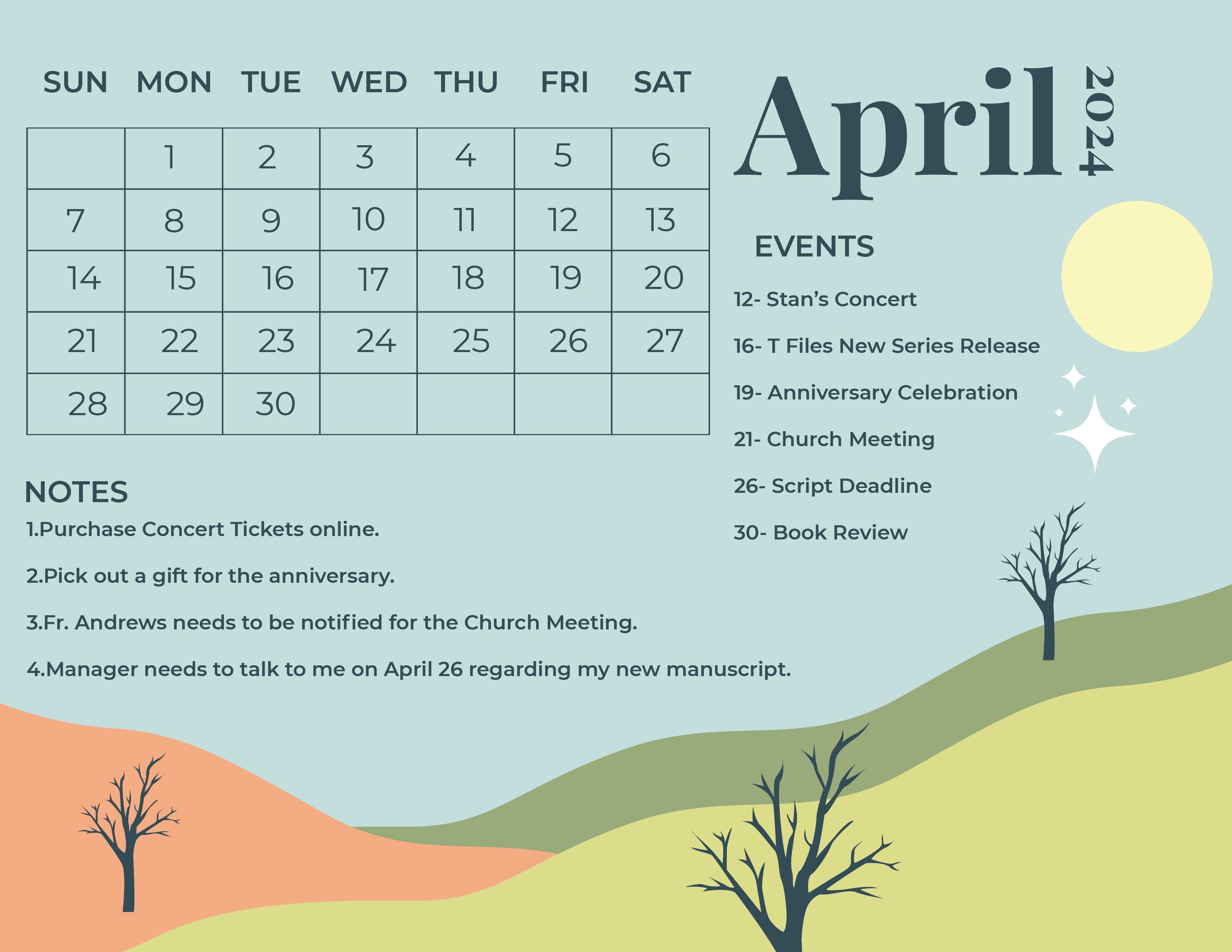 Colorful April 2024 Calendar in Word, Illustrator, EPS, SVG, JPG
