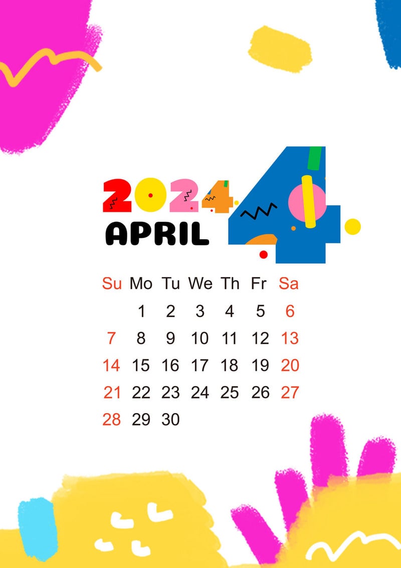 Brushstroke 2024 Calendar April Colorful. PSD Free Download