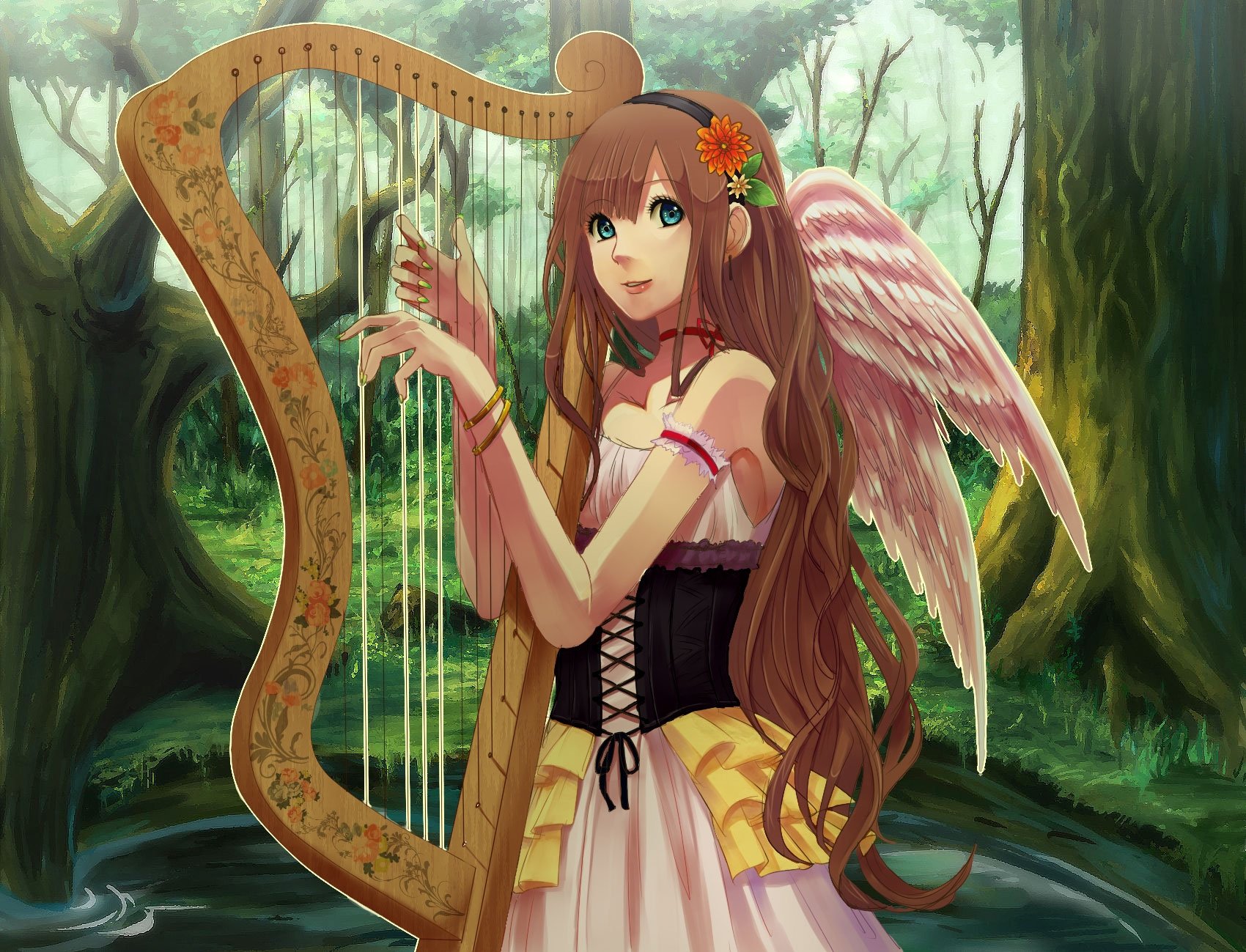 Download wallpaper 1700x1299 girl, harp, wings, smile, nature HD