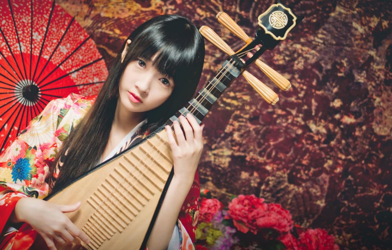 Wallpaper look, girl, umbrella, Asian, musical instrument, lute
