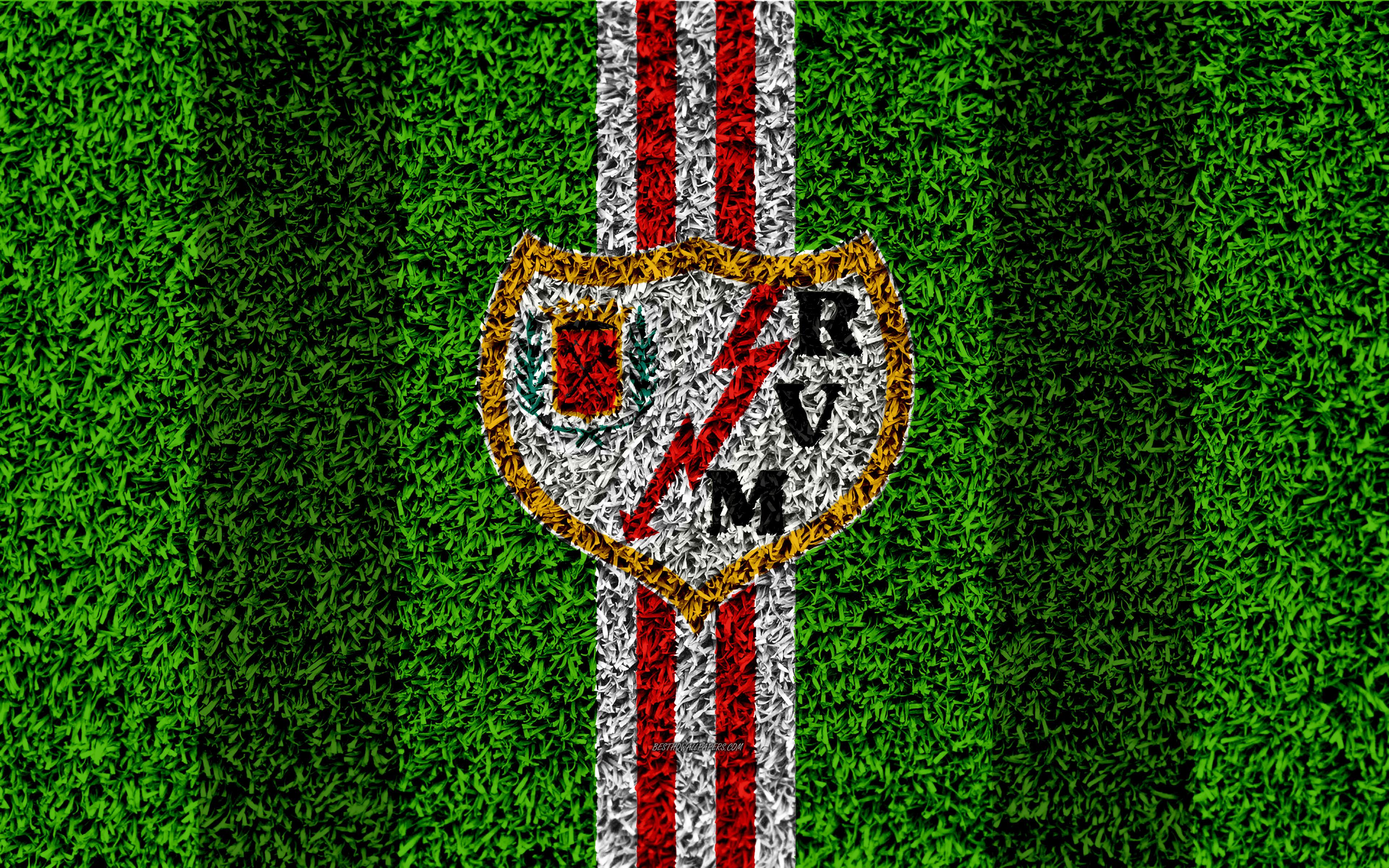 Download wallpaper FC Rayo Vallecano, logo, 4k, football lawn